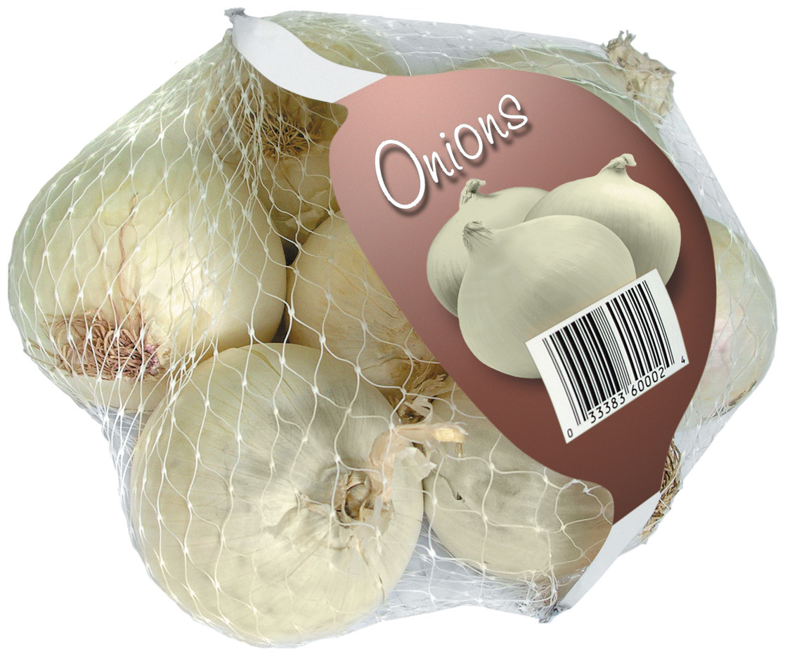 A plastic bag with a label filled with white onions.