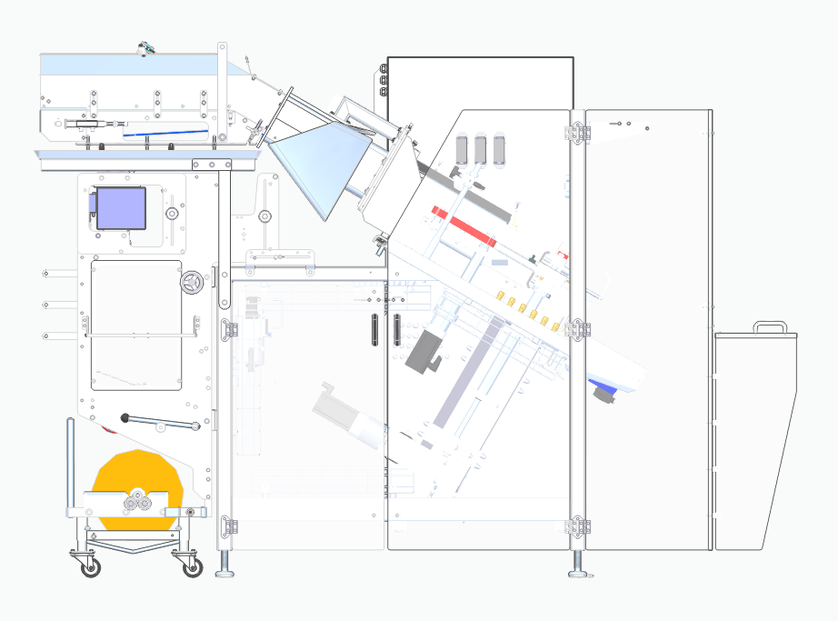 Side view of the SVN E350 SCD/B form fill and seal machine schematic