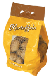A plastic bag with a mesh insert. It is filled with potatoes.