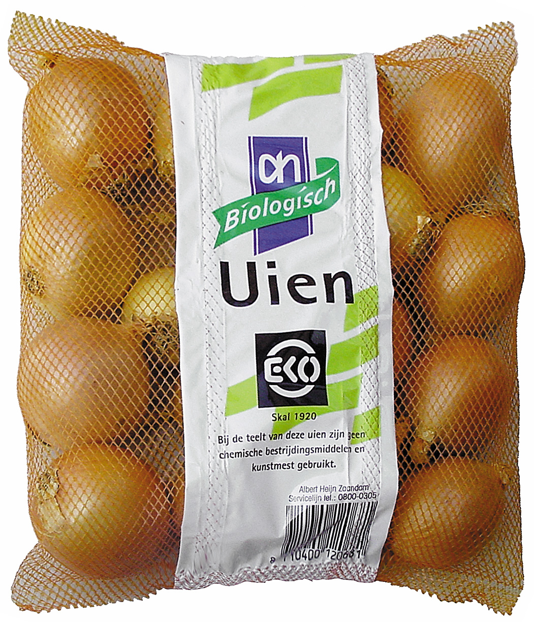 A plastic net bag with onions.